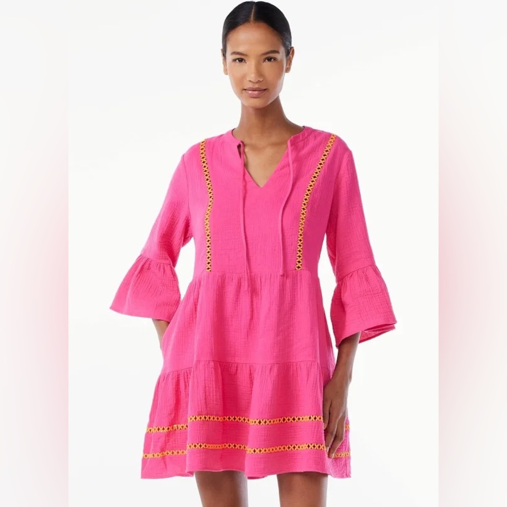 Scoop Pink and Orange Ruffled Bell Sleeve Tunic Mini Dress NWT Medium 8/10